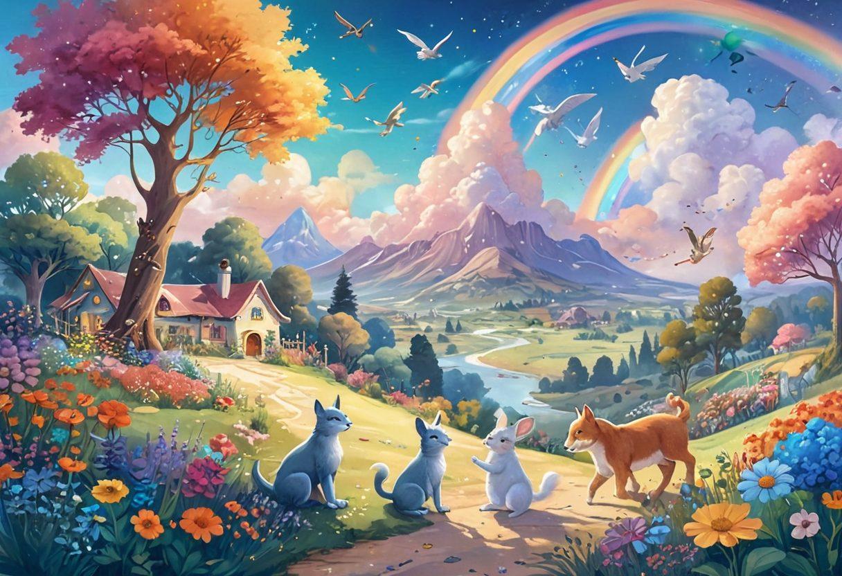 A whimsical landscape filled with colorful, oversized flowers and playful animals, basking in warm sunlight and dotted with sparkling fairy lights. In the foreground, an open storybook with animated characters coming to life, dancing joyfully around it. The sky is painted in soft pastel shades, with fluffy clouds and a gentle rainbow. This enchanting scene captures the essence of delight and whimsy. vibrant colors. dreamy illustration. fantasy art.