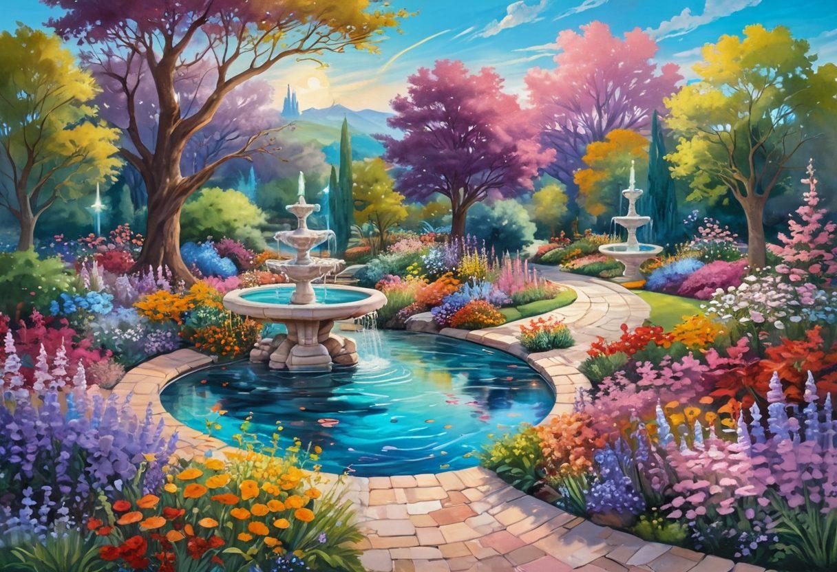 An enchanting landscape filled with whimsical creatures engaged in lighthearted gossip, colorful flowers blooming vibrantly around them. A swirling path leads through the scene, guiding the viewer's eye towards a sparkling fountain at the center, radiating joy. The sky is painted with pastel hues, creating a dreamy atmosphere. Cartoonish style with exaggerated features and cheerful expressions. vibrant colors. playful art.