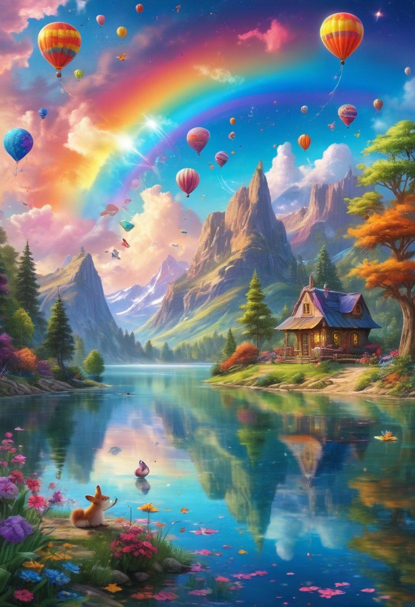 A magical landscape filled with colorful whimsical creatures engaging in playful activities, like fairies dancing with butterflies and animals wearing funny hats. The background features a vibrant rainbow arching over a sparkling lake, creating an atmosphere of joy and amusement. Soft, fluffy clouds float by, and twinkling stars can be seen even in daylight. Include playful elements like balloons and confetti scattered throughout the scene. 3D. vibrant colors. fantasy art.
